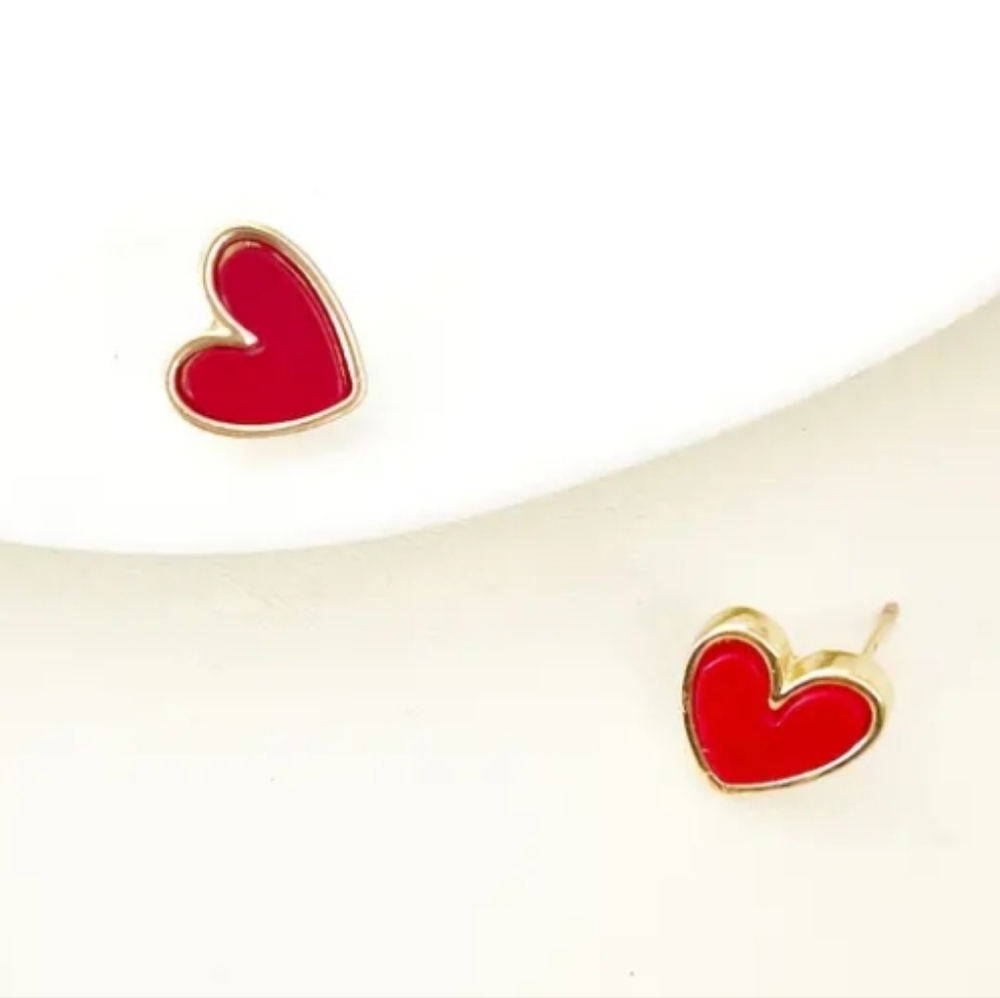 Dainty 18 Kt Gold Plated Red Heart Stud Earrings